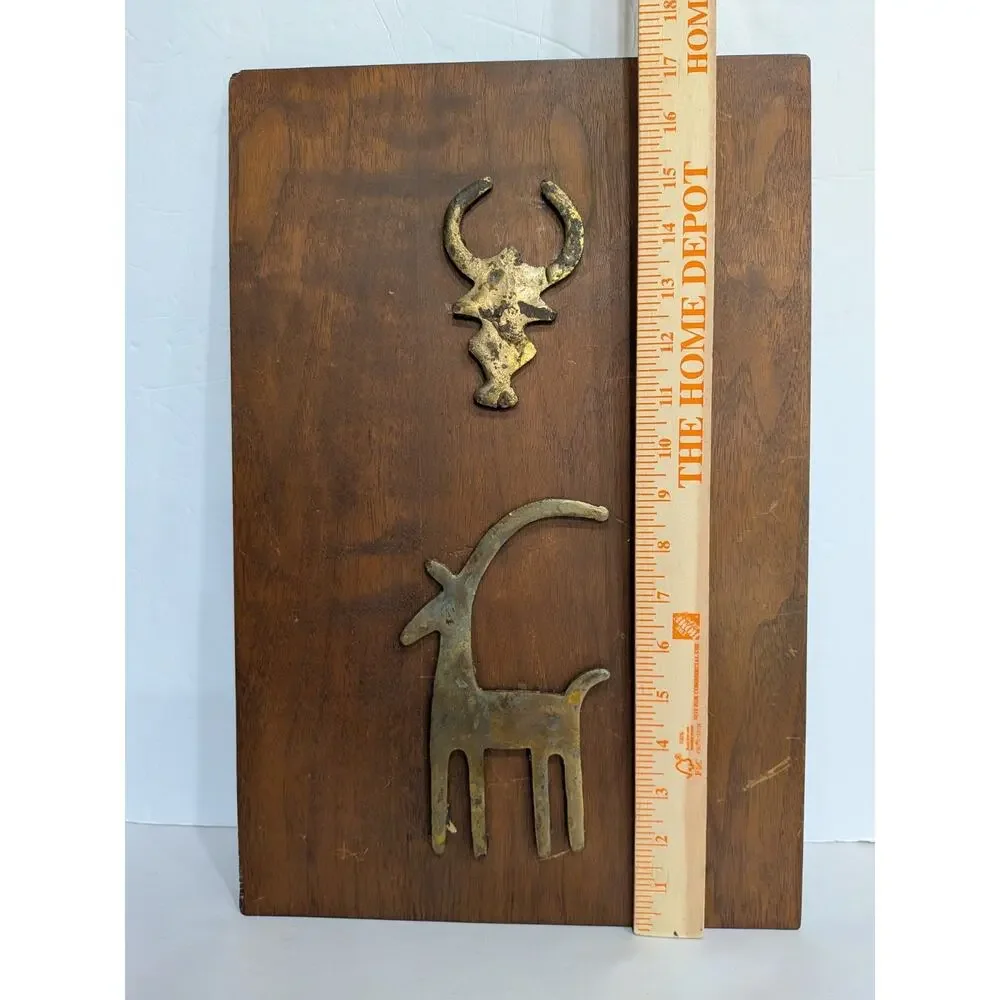 Vintage Brutalist Revival Brass Wood Wall Plaque Primitive Ibex Gazelle Bull